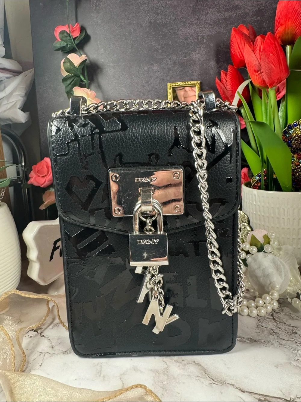 DKNY Black Logo Padlock Chain Crossbody Phone Bag